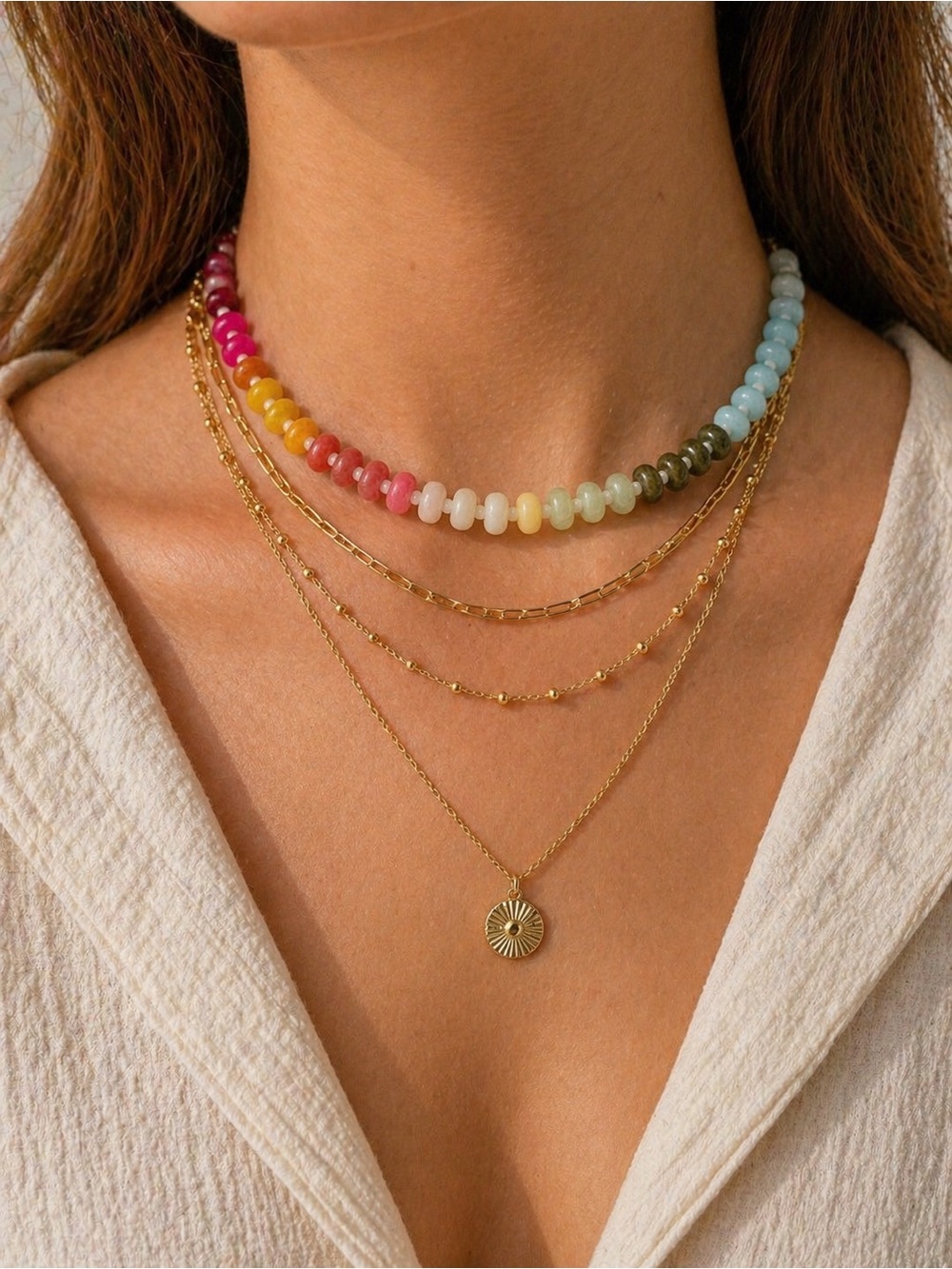 Rainbow Stone Beaded Rondelle Necklace